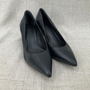 Vince Camuto Pumps 8M Black Leather Tritellia Pointed Toe Block Heel Office